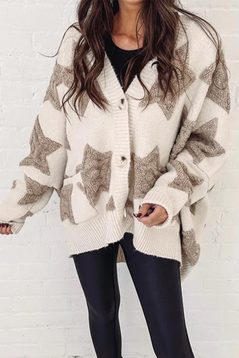 KevaMolly Womens Cardigan Sweater Sherpa Star Pattern Textured Sweater Cardigan with Pockets Casual Knit Coat