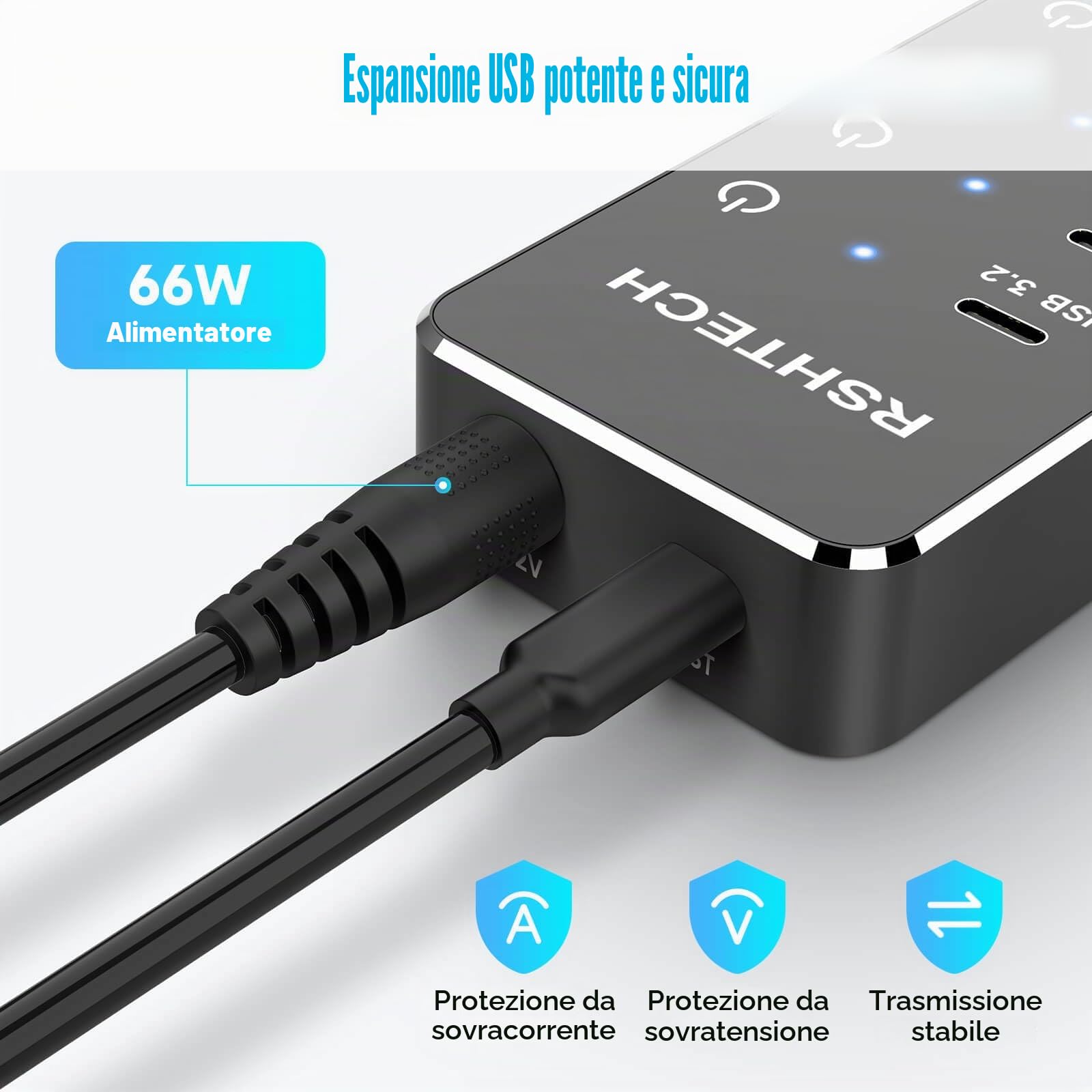 RSHTECH Hub USB C Alimentato 10 Porte 66W con 3 Porte USB-3.2 da 10Gbps (2C+1A), 4 Porte USB 3.0 (2C+2A), 2 Porte USB-C Ricarica Rapida PD 45W e PD 100W, USB Hub per Laptop, RSH-ST10P