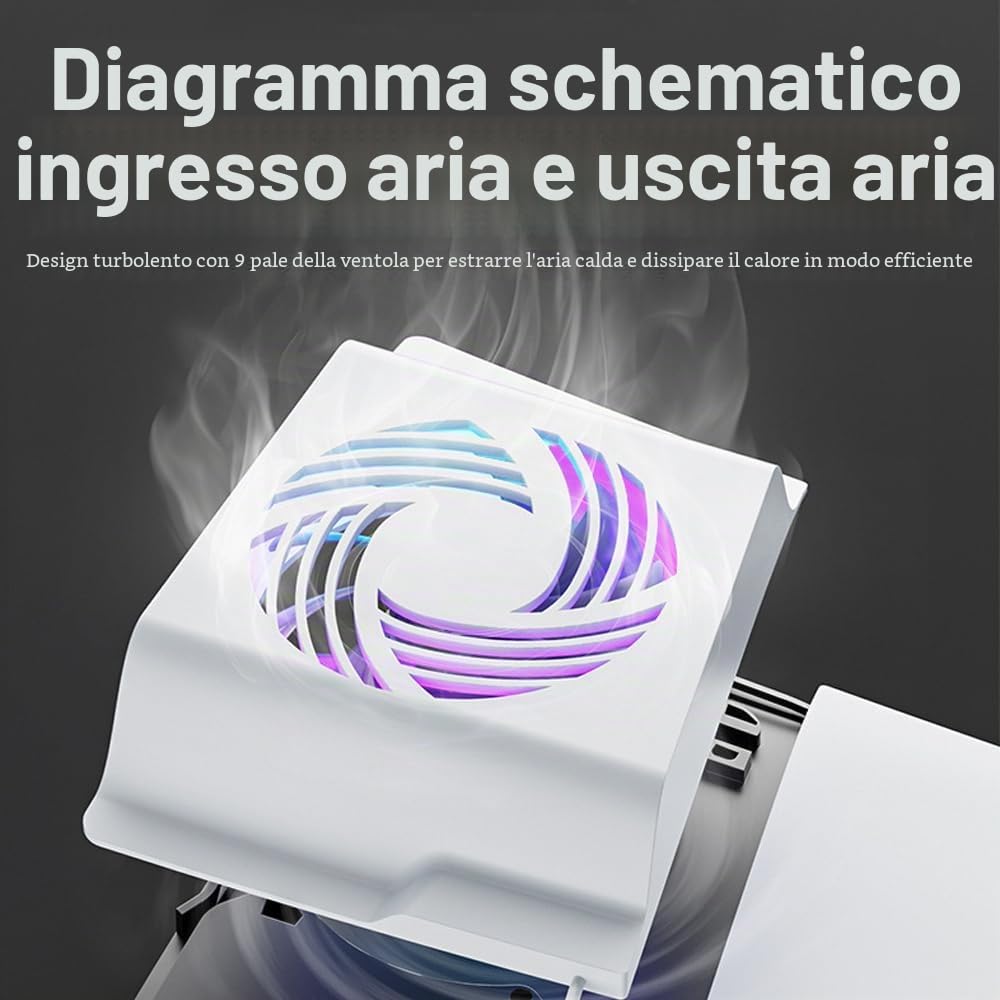 Ventola per PS5 Slim Ventola di Raffreddamento,per Accessori PS5 Slim,con Dissipazione del Calore Laterale/Rilevamento Automatico Della Temperatura/Luce RGB/3 Velocità Dell'aria/USB 2.0
