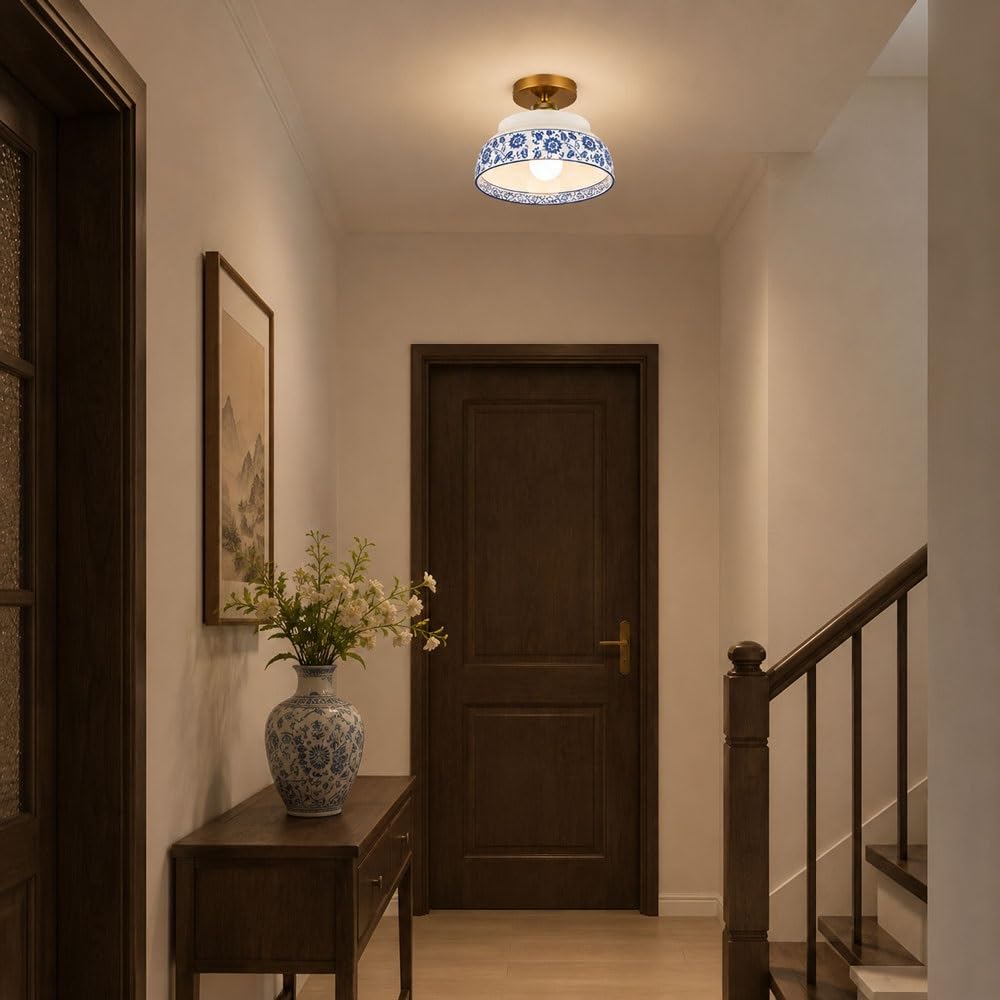 Jadssox Niebiesko-biała Ceramiczna Lampa Sufitowa W Stylu Vintage Złota Plafon, Porcelana Blisko Lamp Sufitowych Do Przedpokoju Kuchnia Przedpokój Foyer Balkon