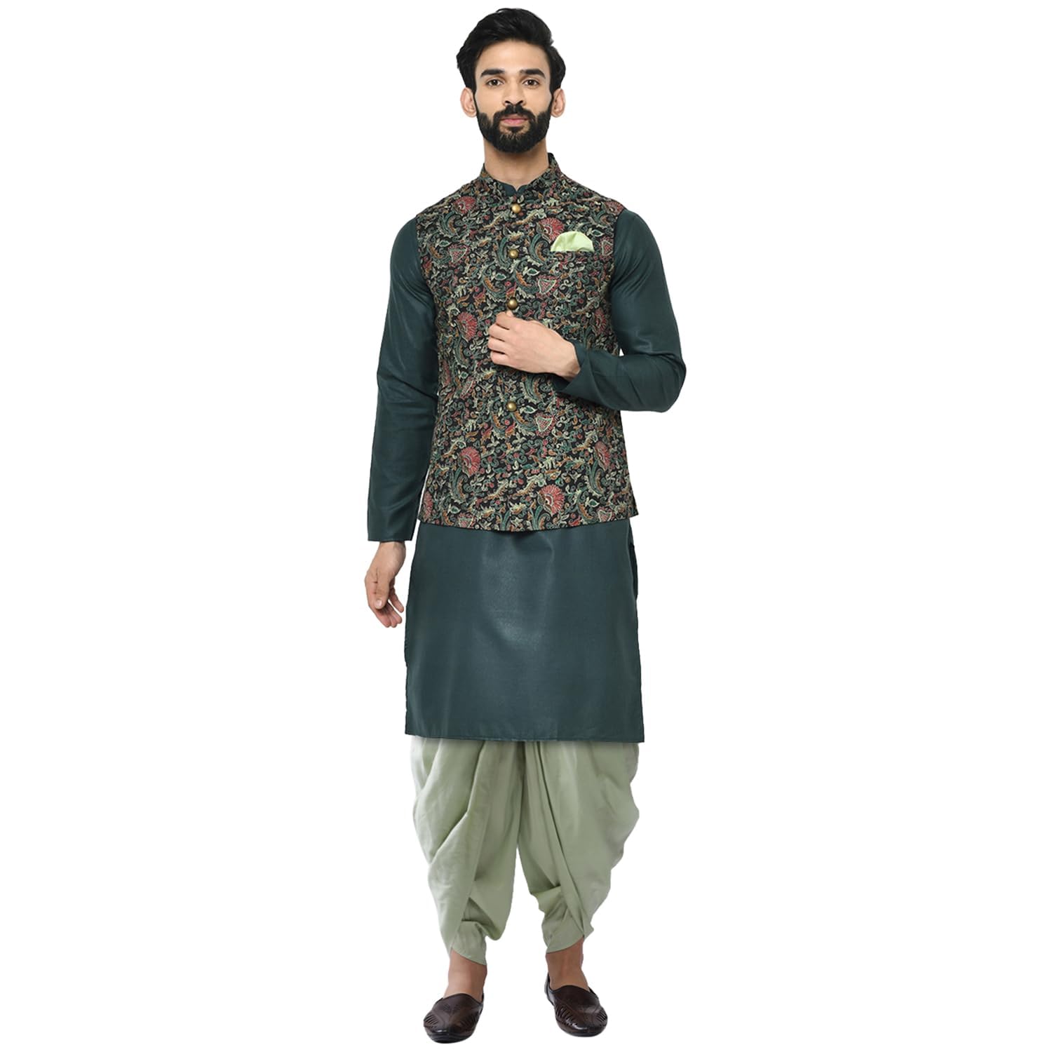 kisah Men Printed Kurta Jacket Set, Full Sleaves, Knee Length, Mandarin Collar Ethnic Wear, Teal Green-picture-21