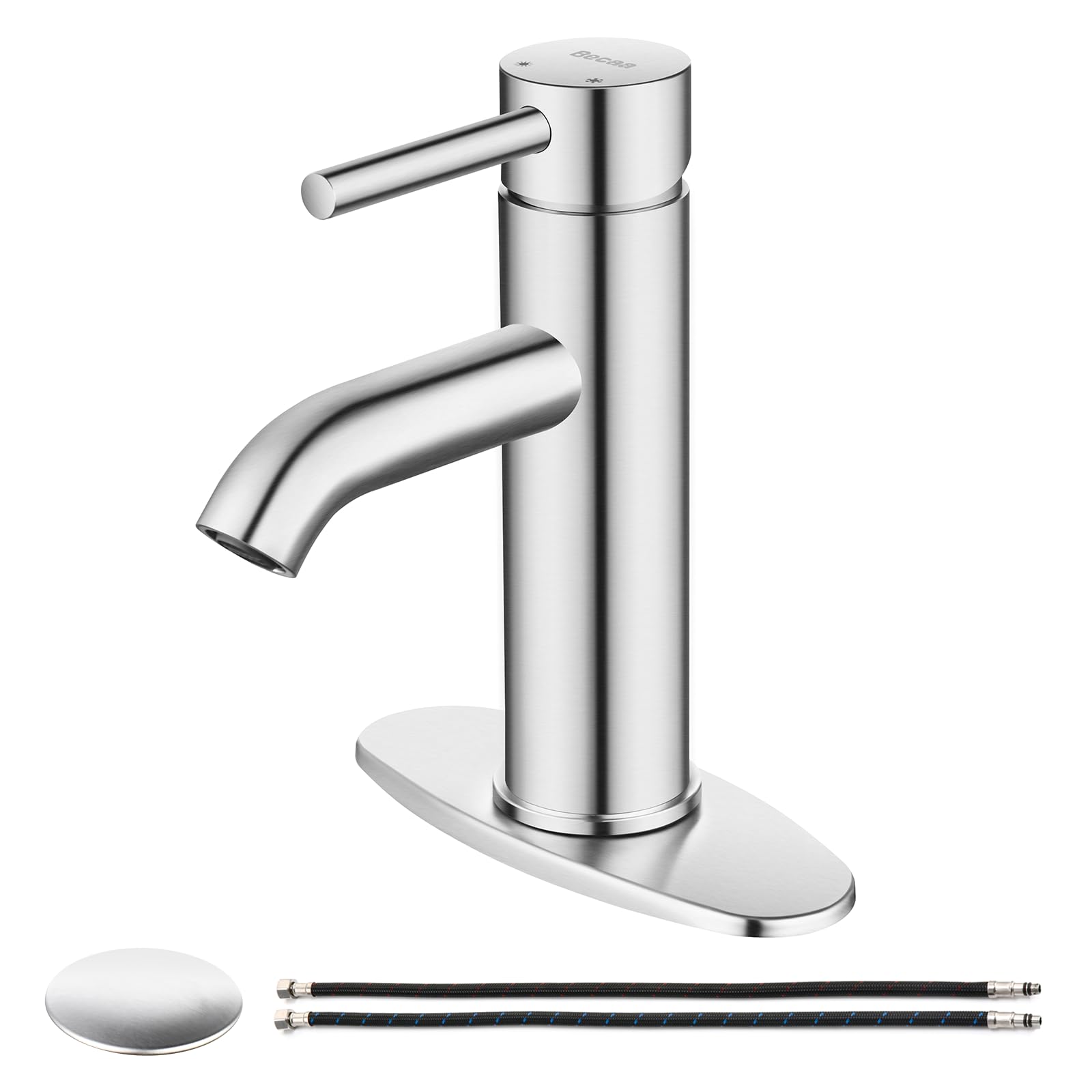 Brushed Nickel Single Handle Bathroom Sink Faucet, Becaa Single Hole Modern Faucet with Assembled Supply Hoses & Pop-up Drain for Bathroom Vanity