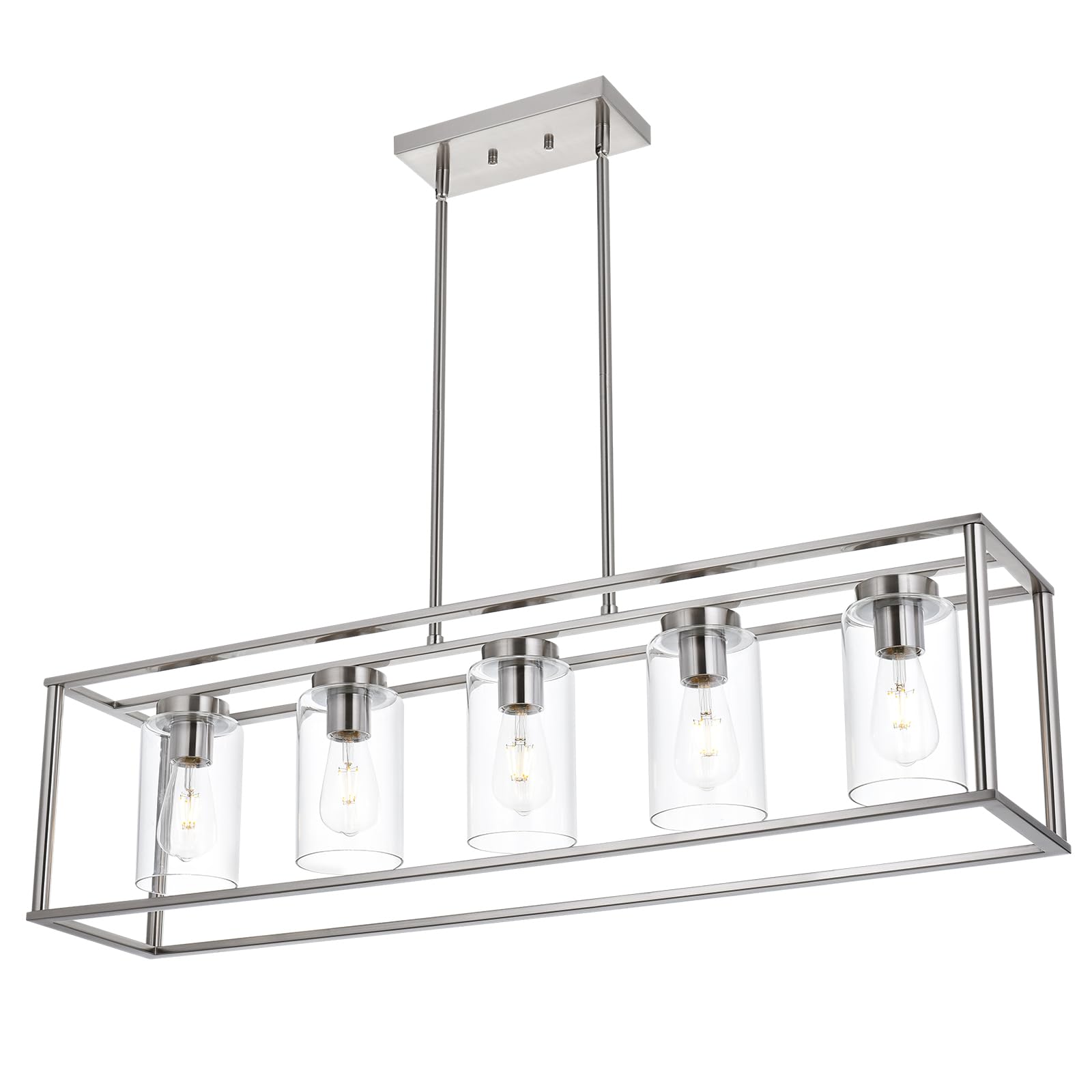 Contemporary Chandeliers Brushed Nickel 5 Light Modern Dining Room Lighting Fixtures Hanging, Kitchen Island Linear Pendant Lights Farmhouse Flush Mount Ceiling Light with Glass Shade
