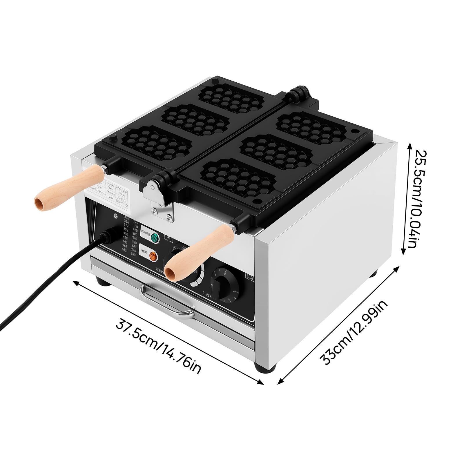 Commercial Electric 3-Slice Honeycomb Waffle Maker Machine 1500W 110V, Nonstick Stainless Steel Waffle Iron with Temp Control (50-300?) & Timer, for Bakeries, Restaurants, Snack Bars, Home Use