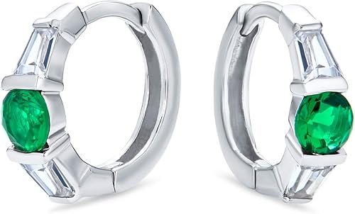Classic Dainty Round AAA Cubic Zirconia Solitaire Clear Green CZ Small Hoop Huggie Earrings For Women Teens .925 Sterling Silver