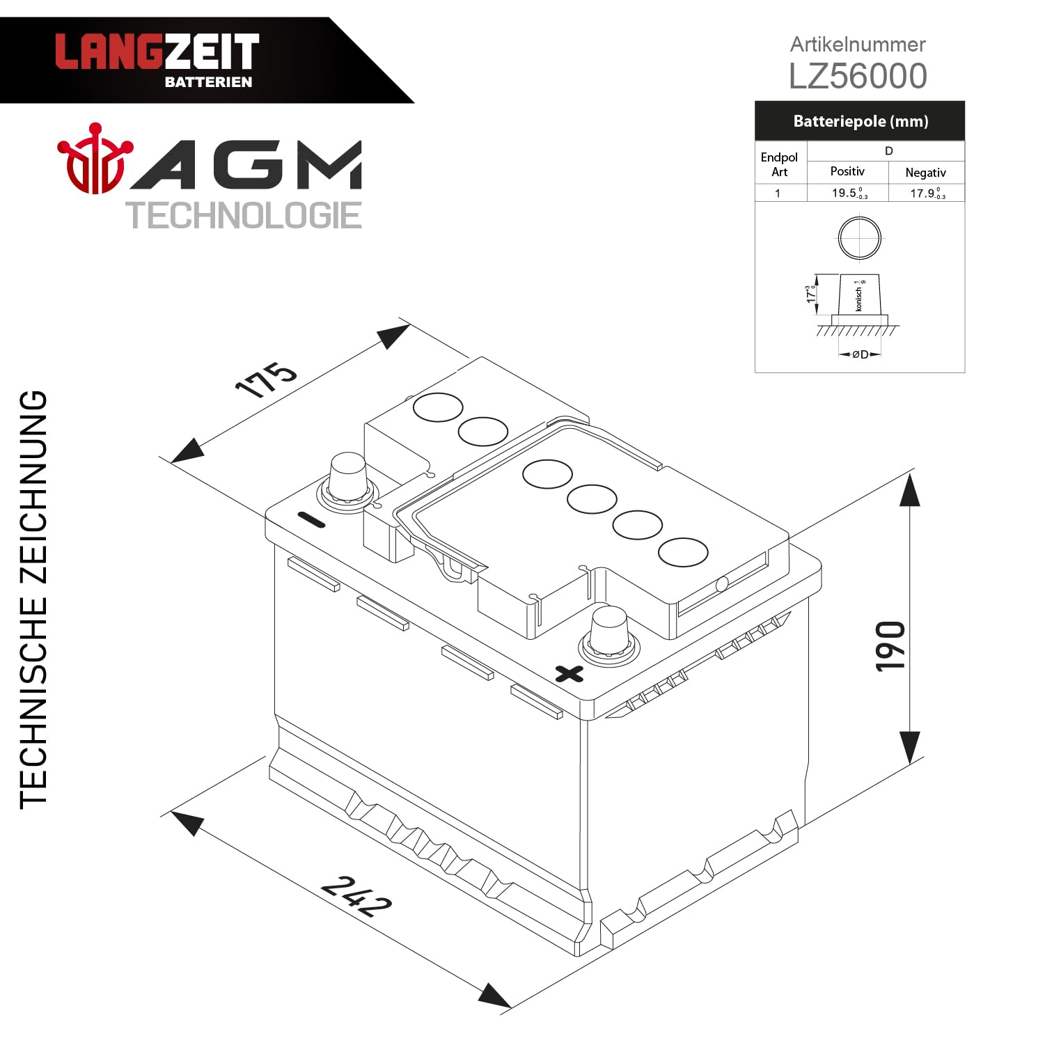 LANGZEIT AGM Batterie 60Ah 12V 680A/EN Start-Stop Autobatterie VRLA