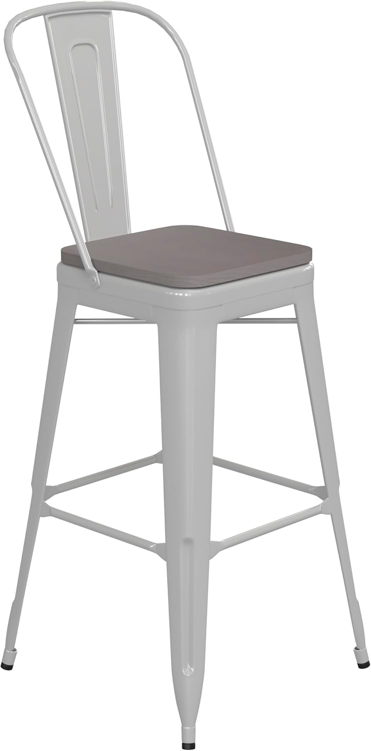 Flash Furniture Kai Commercial 30" High Indoor-Outdoor Bar Height Stool - White Galvanized Steel Frame - Gray Square All-Weather Poly Resin Seat - Removable Back