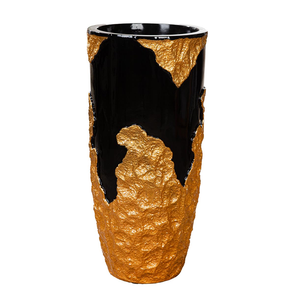 GILDE Famosa Planter XXL Fibreglass Poly, Round, Motif Pattern, Gold/Black, Height 70 cm x Diameter 33 cm