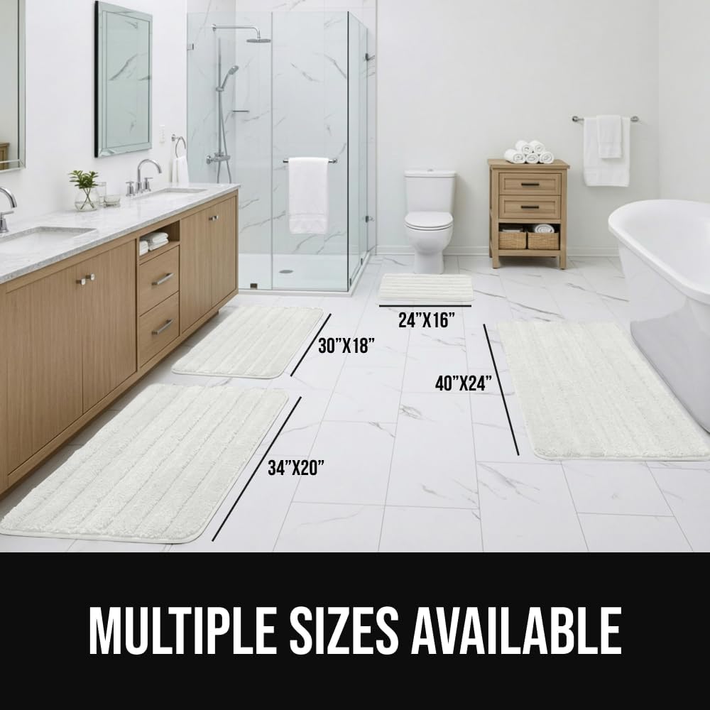 GORILLA GRIP Textured Backing Bathroom Rugs, Soft Memory Foam Absorbent Striped Bath Mats Set of 2, Machine Washable Fade Resistant, Floor Bathmat, Home Decor Shower Essentials, White 24x16 and 30x18