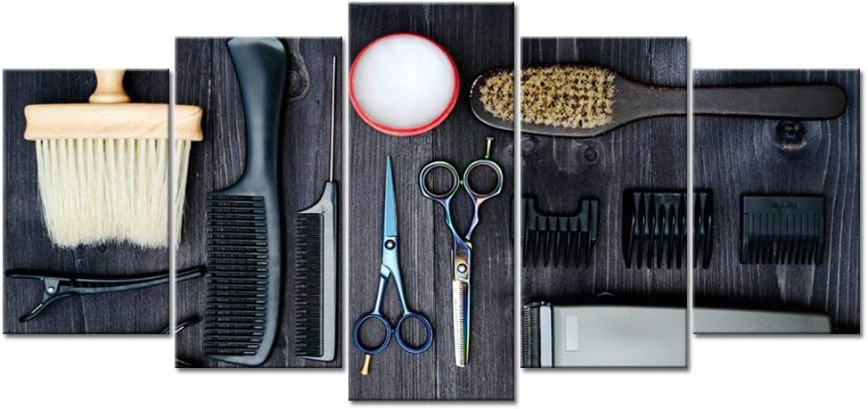 LevvArts5 Pieces Modern Canvas Painting Wall Art Hair Cutting Tools on Wooden Background Modern Giclee Artwork Scissors Poster Stretched for Barbershop Decor