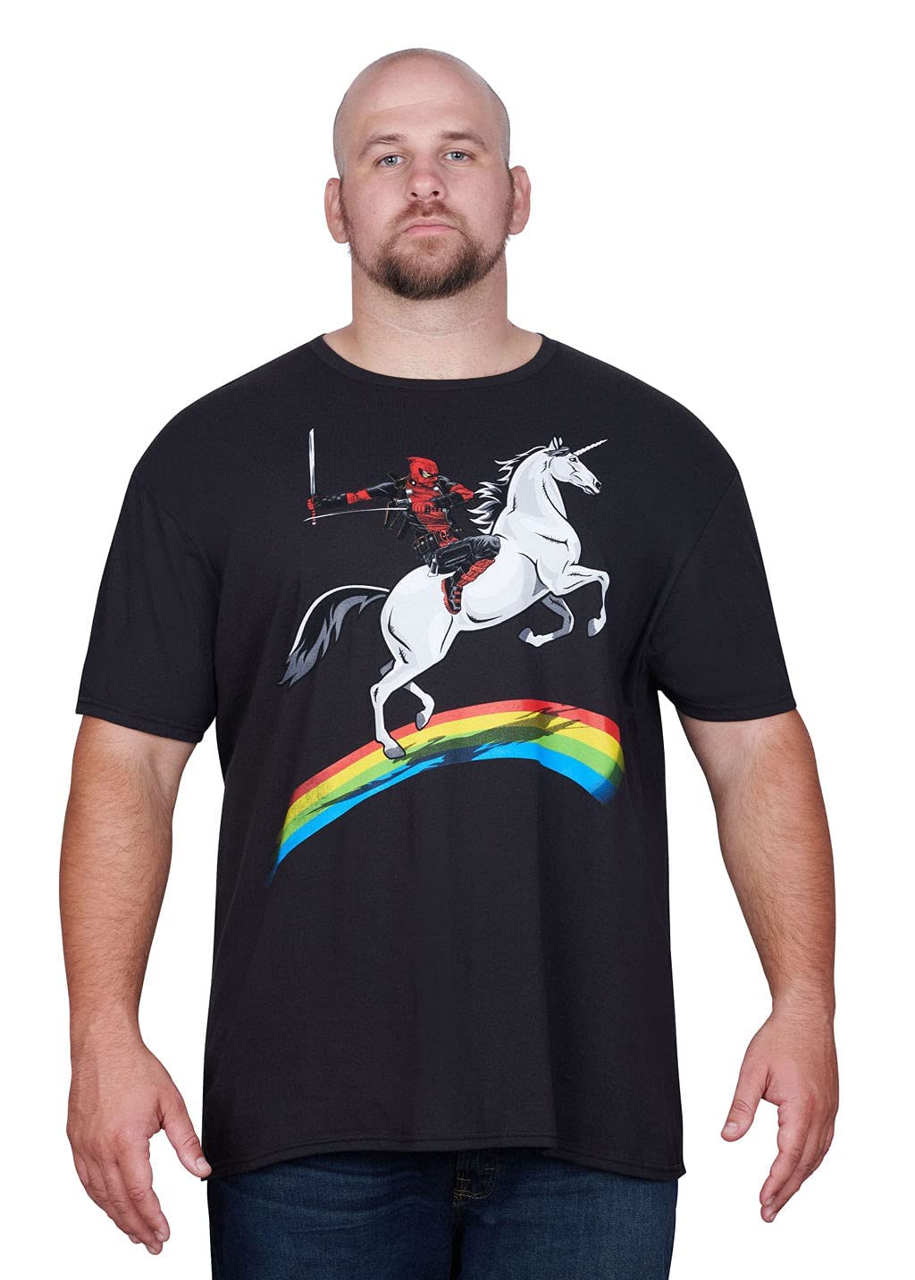 Marvel Men's Deadpool Riding A Unicorn On A Rainbow T-Shirt