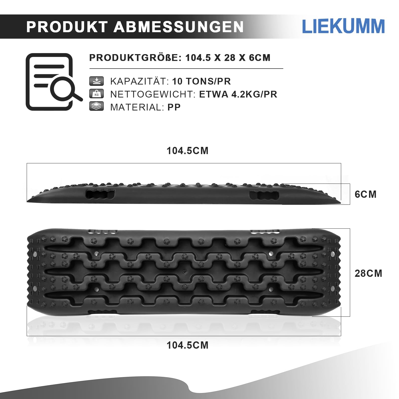 LIEKUMM 2 Stücke Sandbleche Offroad, 104,5 x 28 cm Sandbleche Kunststoff, 10 T Tragkraft Sandbleche Wohnmobil, Kunststoff Sandblech für Geländewagen PKW LKW, Sandboard für Sand Schlamm Schne