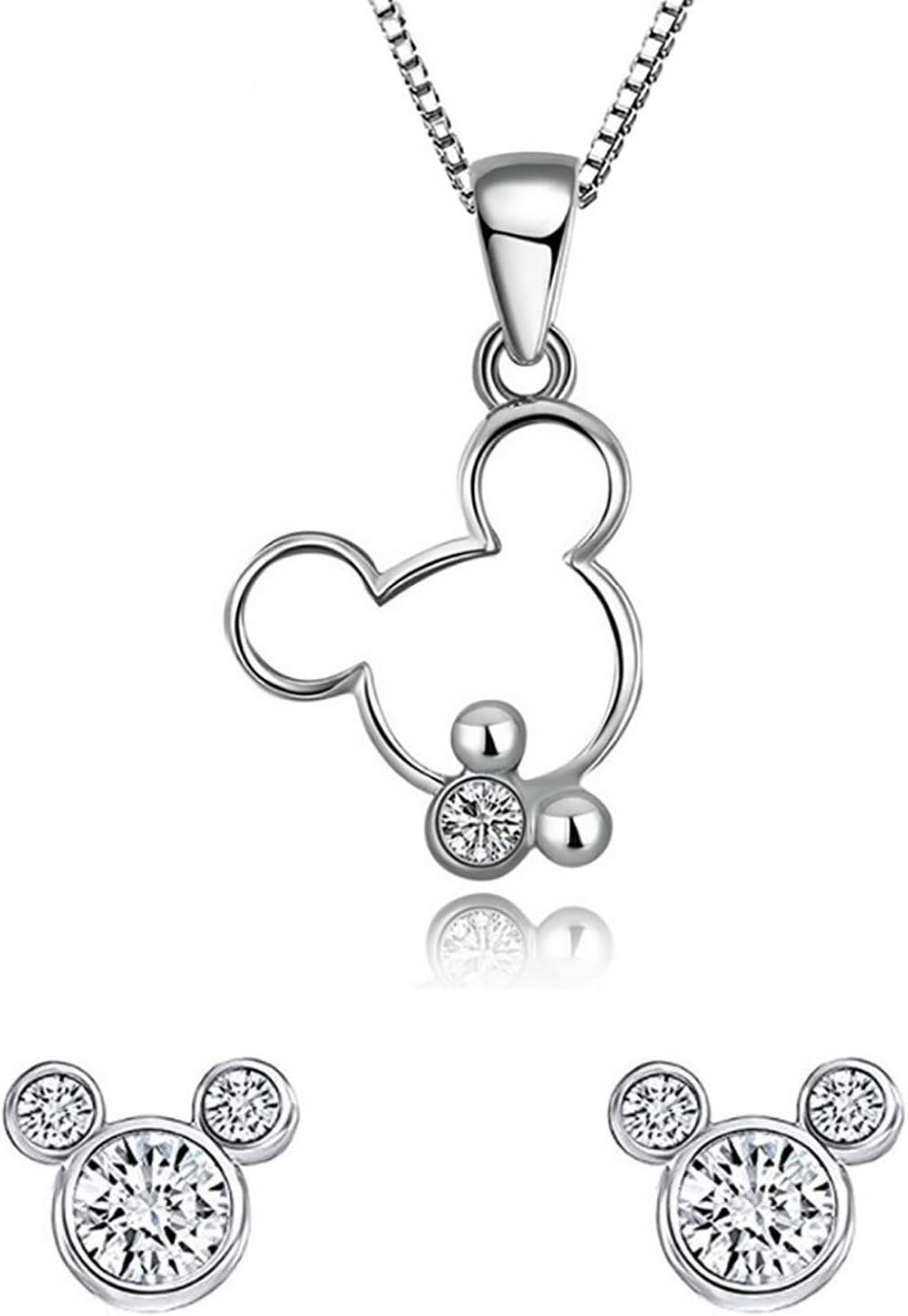 baobeiBaobei Kaguyo Jewellery Sets for Women Sterling Silver Clear Zirconia Mickey Mouse Pendant Necklace with Red Enamel Bow Minnie Mouse stud Earrings jewellery for women and Girls Birthday Gift