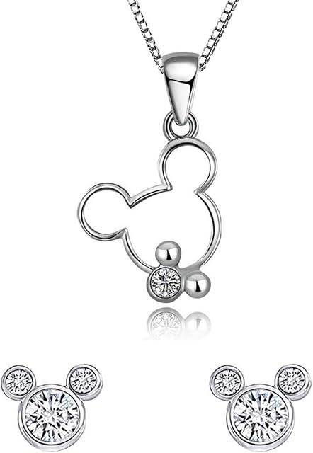 baobei Mickey Mouse necklace women jewellery set 925 sterling silver Cubic Zirconia minnie Mouse pendant necklace and stud earrings Jewellery gift for women girls with silver chain jewellery box