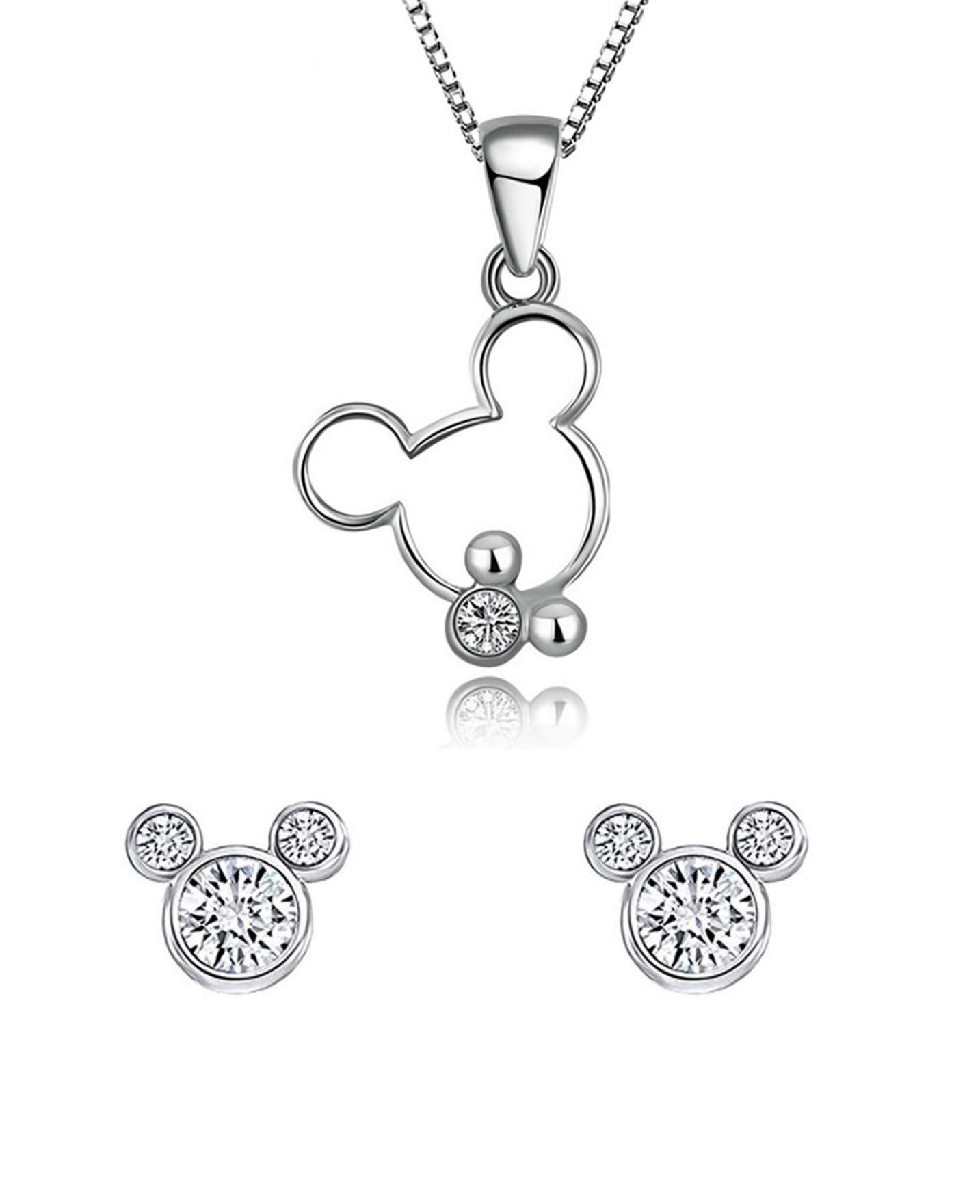 baobeiBaobei Kaguyo Jewellery Sets for Women Sterling Silver Clear Zirconia Mickey Mouse Pendant Necklace with Red Enamel Bow Minnie Mouse stud Earrings jewellery for women and Girls Birthday Gift