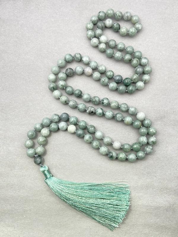 Natürliche AAA Grüne Burma Jade Mala, Gebetskette 10mm, Tibetische Mala, Geknotete Mala, Prehnit Halskette, Perlen Mala, 108 Perlen Prehnit Mala, Yoga, Mantra Mala
