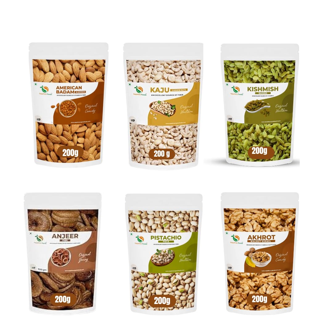 SAPPHIRE FOODS 1.2 Kg Premium Dry Fruits Combo Pack Of 6 Healthy American Badam Kaju Kishmish Anjeer Pista Akhrot Almonds, Cashews, Raisins, Figs, Pistachios, Walnuts (Each 200gm) (B0D1YGYGT5) Amazon Price History, Amazon Price Tracker