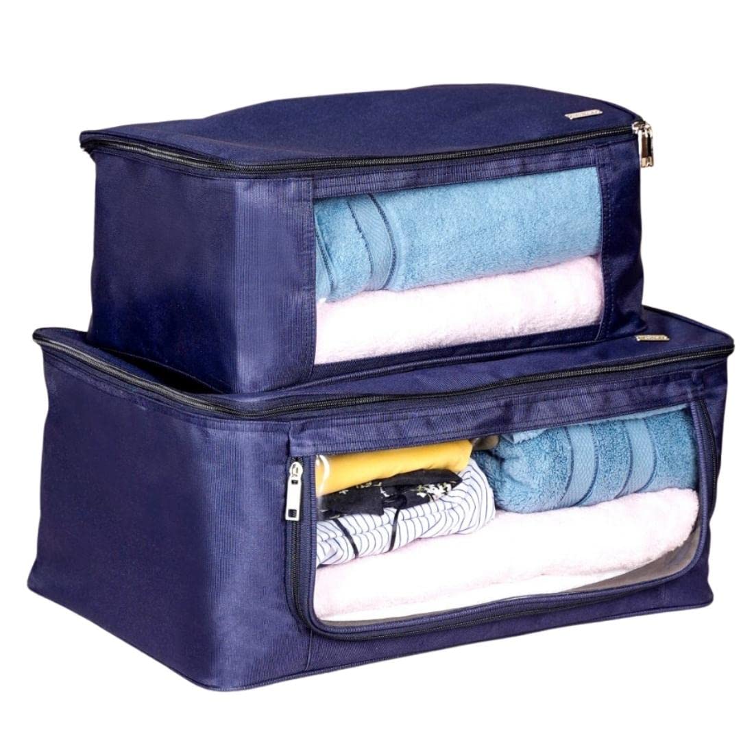 Nestasia Polyester Wardrobe Organizer For Clothes Set Of 2 | Perfect For Storing Sarees For Women, Shirt For Men, T Shirt, Trousers | Blue Transparent Bags With Zippered Front & Top Openings (B0C1N69HTX) Amazon Price History, Amazon Price Tracker