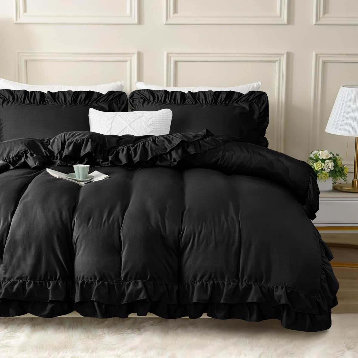 JEB TIFL Double Frill Duvet Cover Set with Button Closure - Soft Microfiber Double-Layer Ruffle Edge Design Bedding Set, 3 piece Quilt Cover (1 Duvet Cover & 2 Pillowcase)