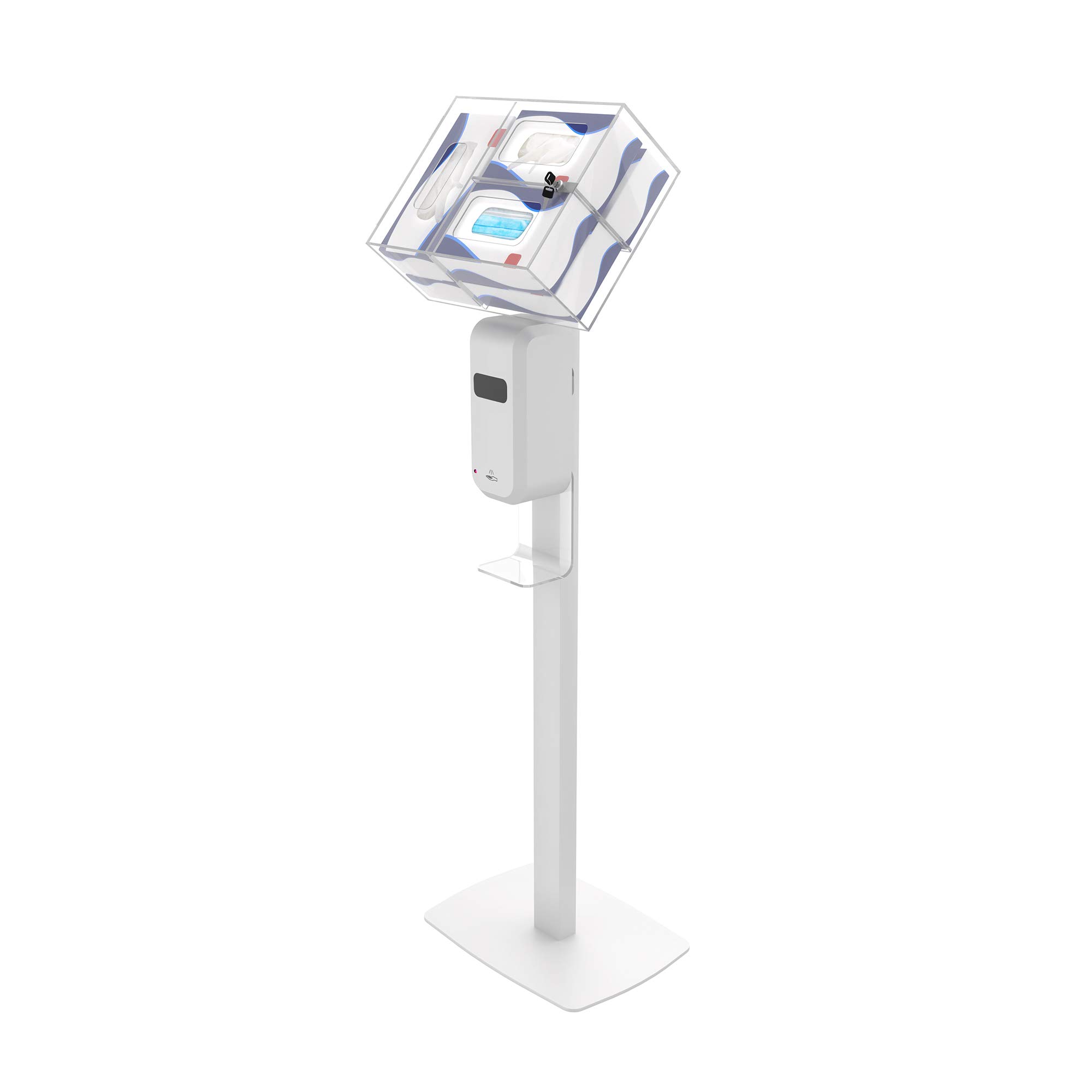 Hand Sanitizing Station - CTA Premium Thin Profile Floor Stand Sanitizing Station and Heavy-Duty Secured Acrylic Glove &amp; Mask Boxes with Automatic Soap and Hand Sanitizer Dispenser (SAN-CHK1W) - White