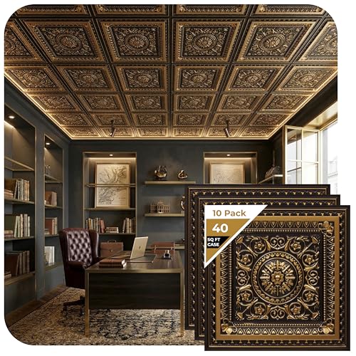 From Plain To Beautiful In Hours 223 La Scala PVC 2' x 2'Glue-up or Lay-in Ceiling Tile, Pack of 10, Antique Gold, 10 Piece