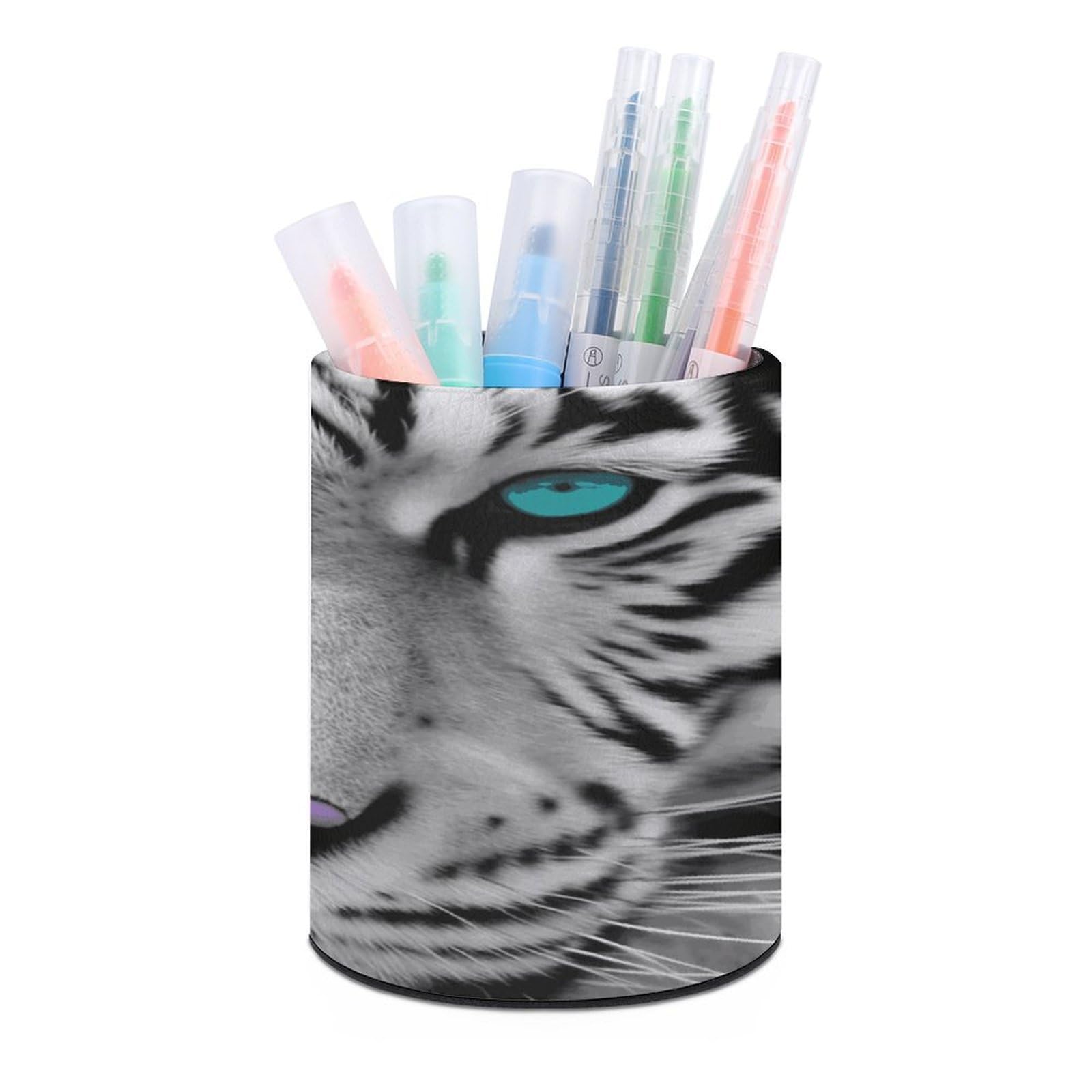 VstaDank Tiger and Teal Eye Pen Holder Round Pencil Holder Cup Pen Container PU Leather Desk Organizer Stand Decorative Brush Scissor Holder Decoration Office Desk Home (3.1 x 3.9 inch)