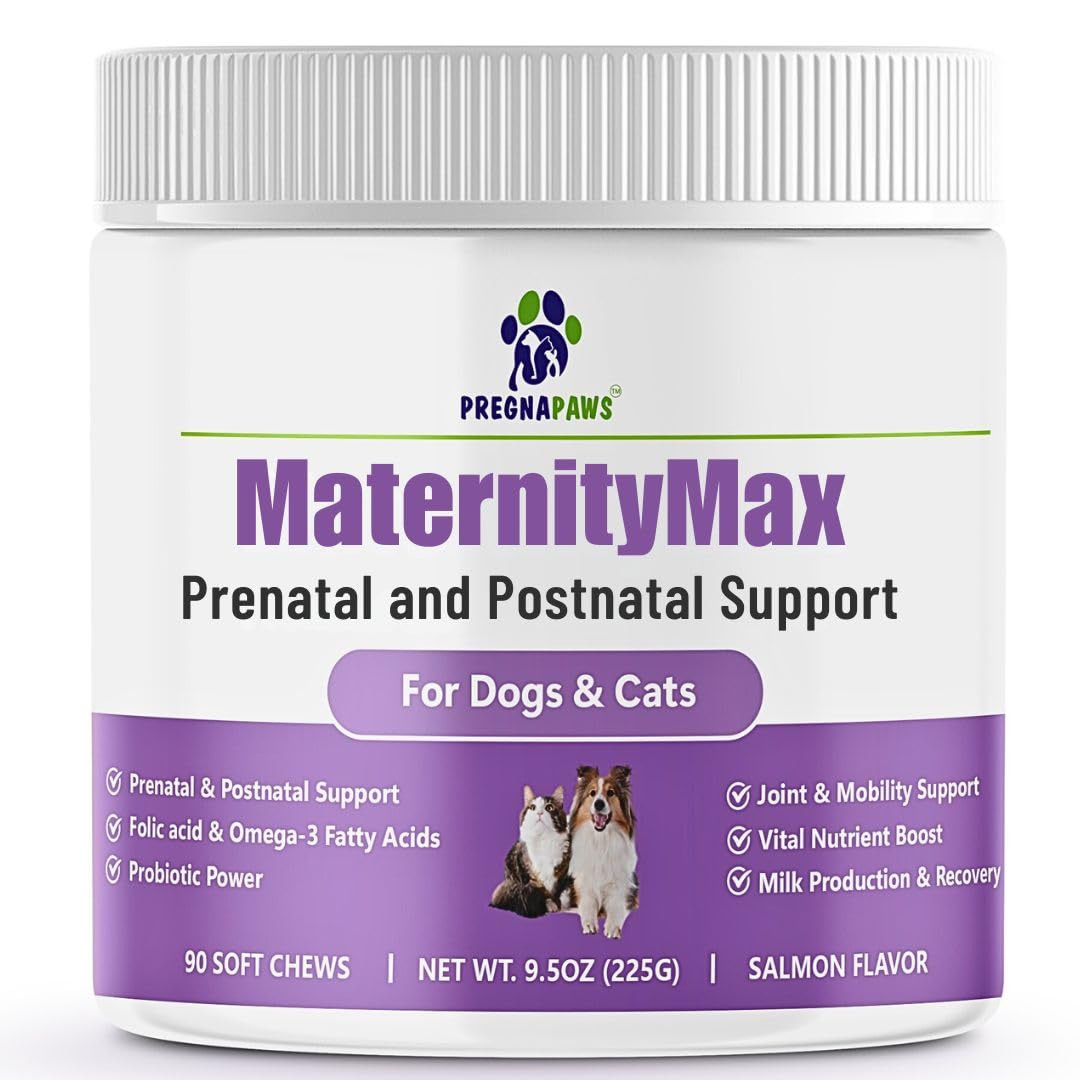 Prenatal Vitamins for Dogs & Cats Pre & Postnatal Supplement with Probiotics, Glucosamine, MSM, CoQ10, & Essential Vitamins Supports Pregnancy, Nursing & Recovery 90 Soft Chews (Salmon Flavor)