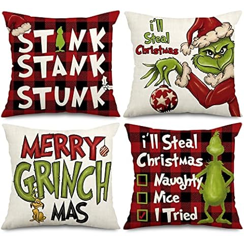 AnyDesign Christmas Pillow Cover Red Black Buffalo Check Plaids Throw Pillow Case Merry Christmas Cartoon Funny Character Cushion Case for Farmhouse Holiday Home Couch Sofa Decor, 18 x 18, 4Pcs Cover