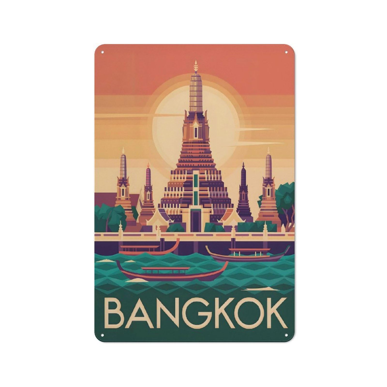 Junmoney Style-24 Tin Wall Plaque 30X20cm With Bangkok Travel For Guest Room Or Hallway, For Updating Guest Room And Hallway After Moving