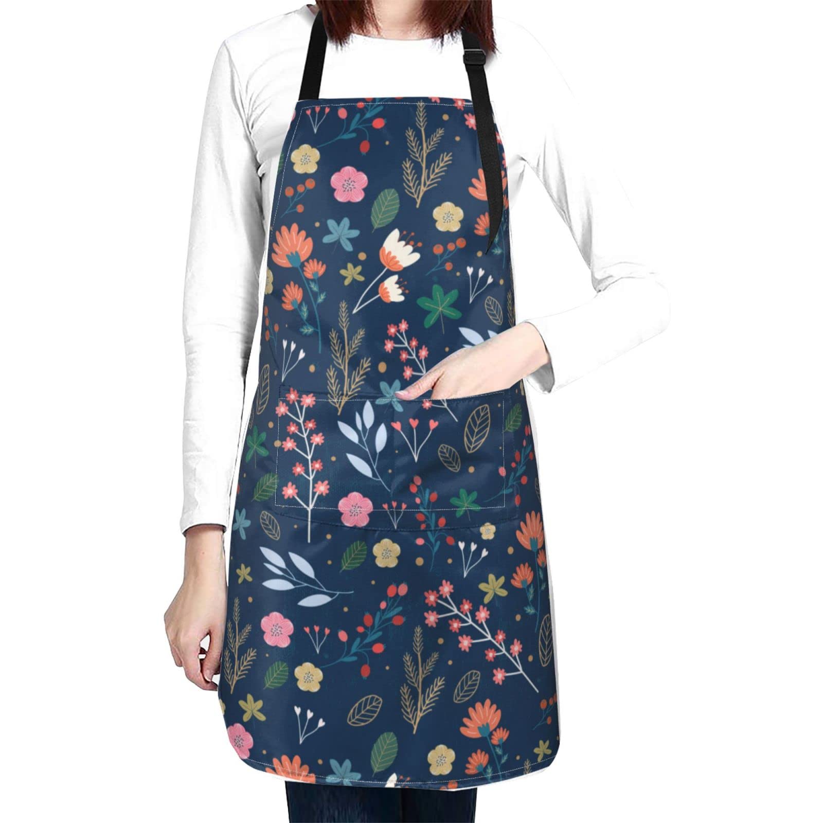Sweetshow Floral Apron with 2 Pockets and Adjustable Neck, Retro Flower Plant Pattern on Navy Background Cooking Kitchen Bib Aprons for Adults Women Men Florist Kitchen Cooking Baking Bistro Chef,