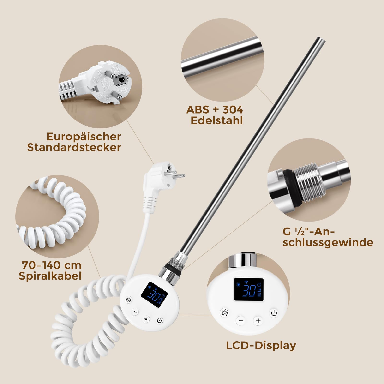 Heizstab für Badheizkörper 900W,heizstab badheizkörper mit Thermostat, WiFi-fähig, programmierbare Temperaturregelung, Edelstahl-Heizstab, geeignet für Handtuchheizkörper und Heizkörper, Weiß