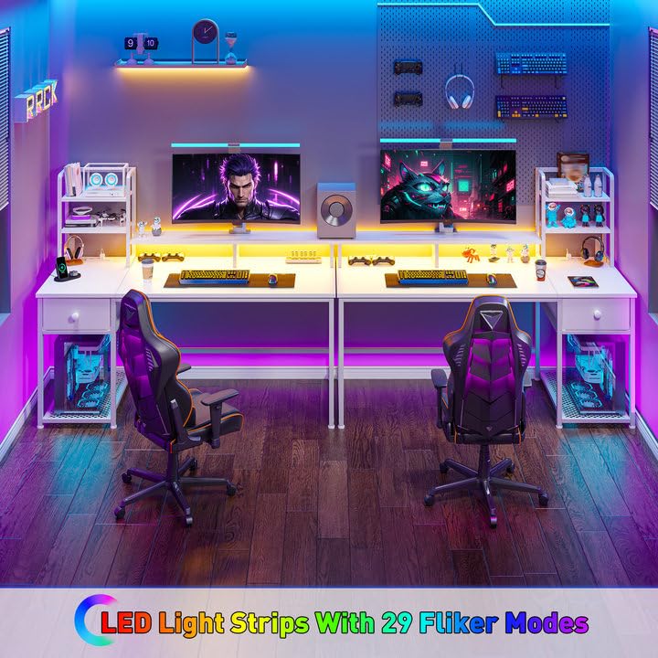 Image of EnHomee 44 inch Small White Gaming Desk with Hutch & Shelves for Teen Gamer | Dual Monitor Stand for Posture, Built-in Power Strip, Music-sync RGB Lights, Sturdy Steel Frame, Fabric Drawer, Easy Assembly