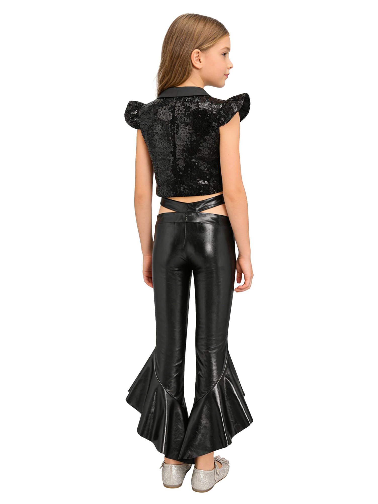 Alvivi Traje Lentejuelas de Dos Piezas Niñas Camiseta Corta y Pantalones Acampanado con Volantes Traje de Fiesta Disco y Musica Baile Jazz