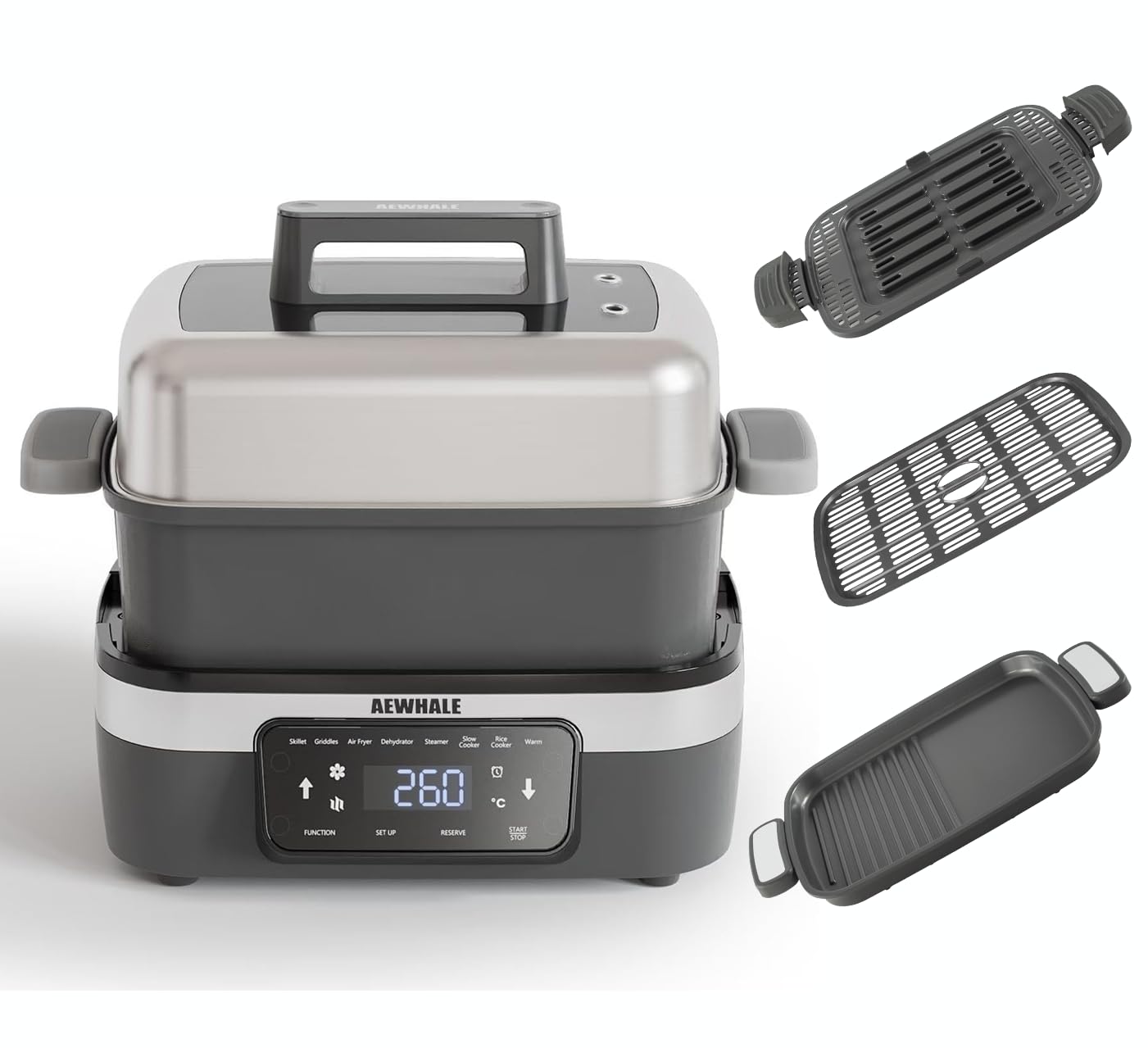 AEWHALE 8-in-1 Multikocher mit Air Fryer 4.25L, Reiskocher, Slow Cooker, Dampfgarer& Warmhaltefunktion|4 Zubehörteile | Antihaftbeschichtete, austauschbare Platten und Pfannen