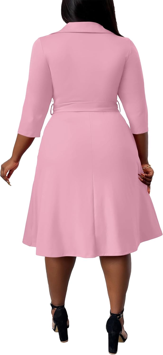 FANDEE Plus Size Midi Dress for Women - Printing Summer Dresses for Wedding Guest Cocktail Party 3/4 Sleeve V Neck（L-5XL）