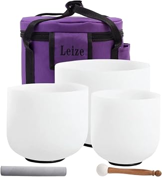 Leize Crystal Singing Bowl Tuned Quartz with Suede Striker Carry Case Bag, Set of 3 PCS 432HZ 6"A 7"A 8"C, Frosted White