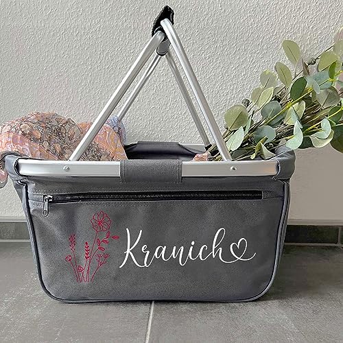 Einkaufskorb personalisiert I Blume Name Herzschrift I faltbar Geschenk Geburtstag Weihnachten Frauen Mutter Oma (anthrazit)
