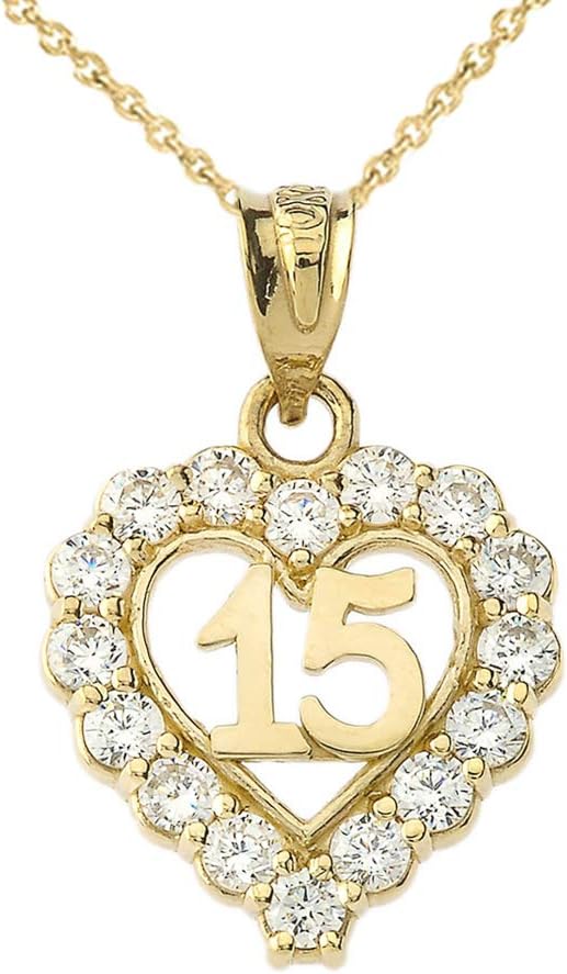 Elegant 10k Yellow Gold Quinceanera Open Heart Charm Pendant Necklace with Cubic Zirconia