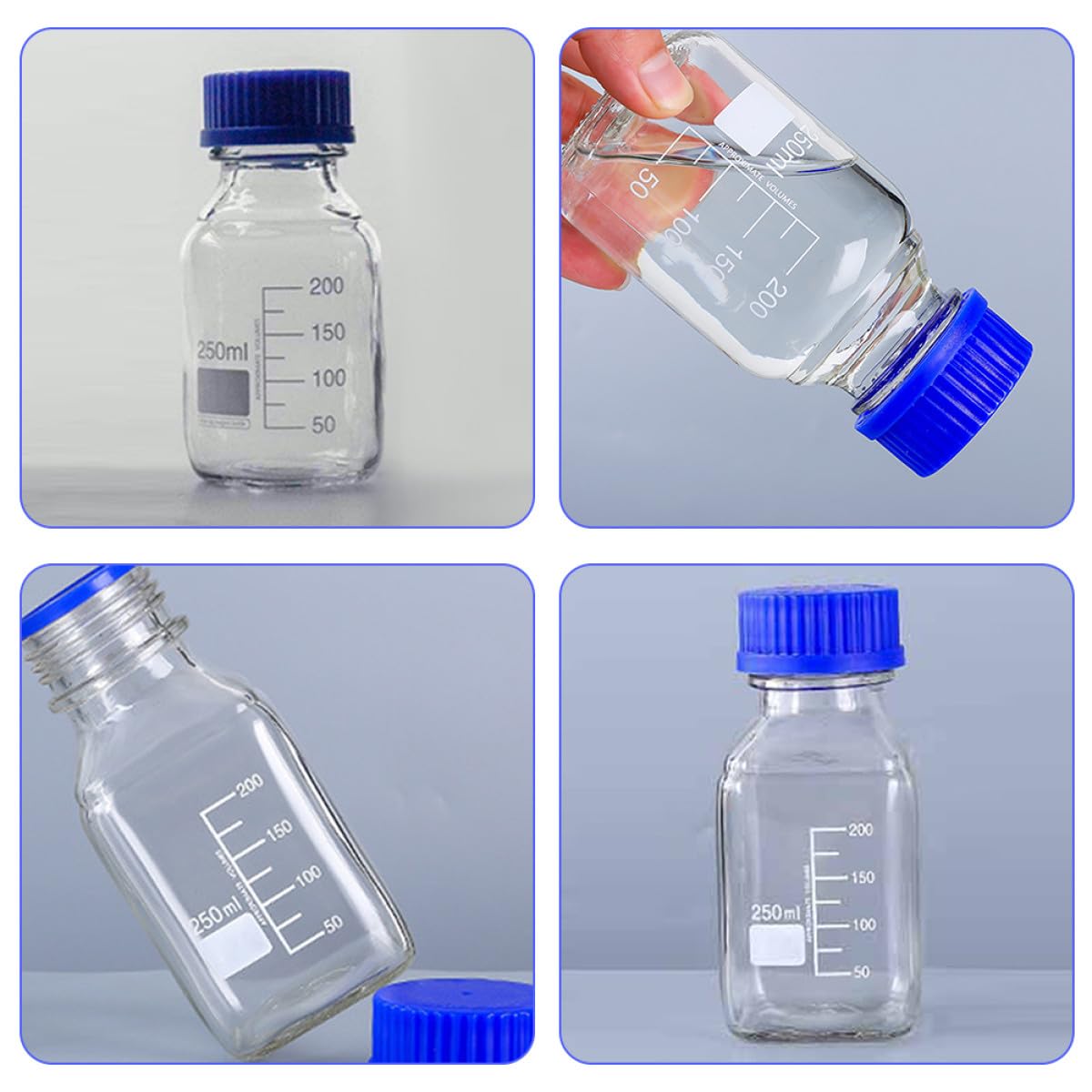 Operitacx Bottiglie di Reagente in Vetro Graduato da 250ml Tappo a Vite, 2 Pezzi, per Campionamento e Miscelazione in Laboratori e Industria