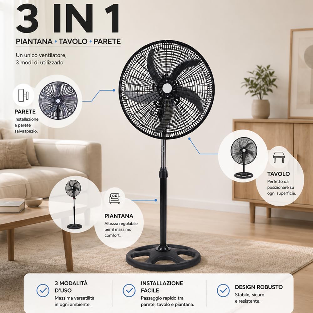 BAKAJI Ventilator 3-in-1, Tischventilator aus Stahl und Kunststoff, 3 einstellbare Geschwindigkeiten, Oszillationsfunktion, rund, robust und stabil, leise (50 cm)