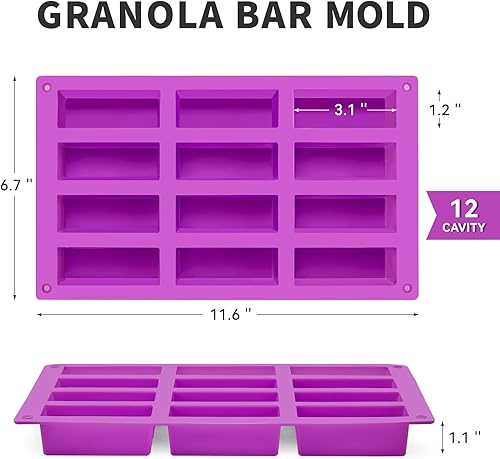 Miniatura 2 de Moldes de barra de granola de silicona de 12 cavidades, 2 moldes de barra de caramelo, molde rectangular de barra de proteínas para hornear barra de