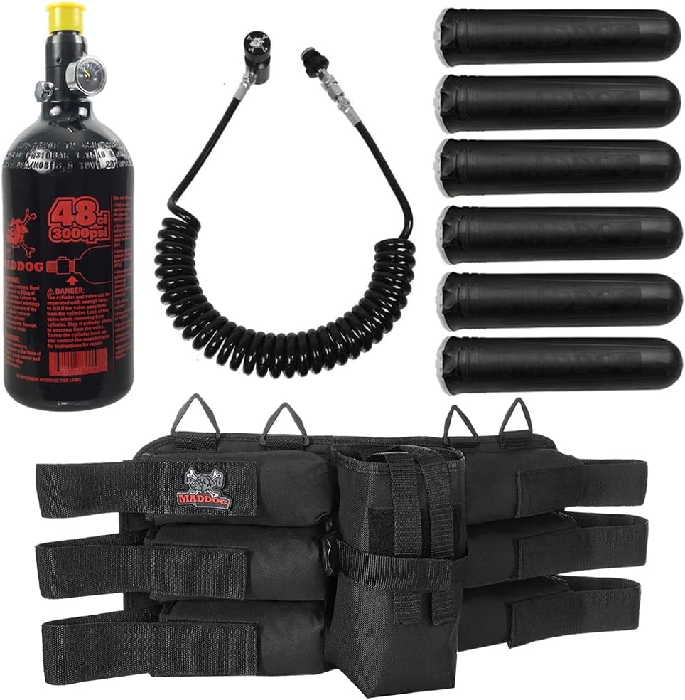 Maddog 6+1 Paintball Harness with (6) Paintball Pods, 48ci/3000psi Compressed Air HPA Paintball Tank & Standard Remote Coil Accessory Package