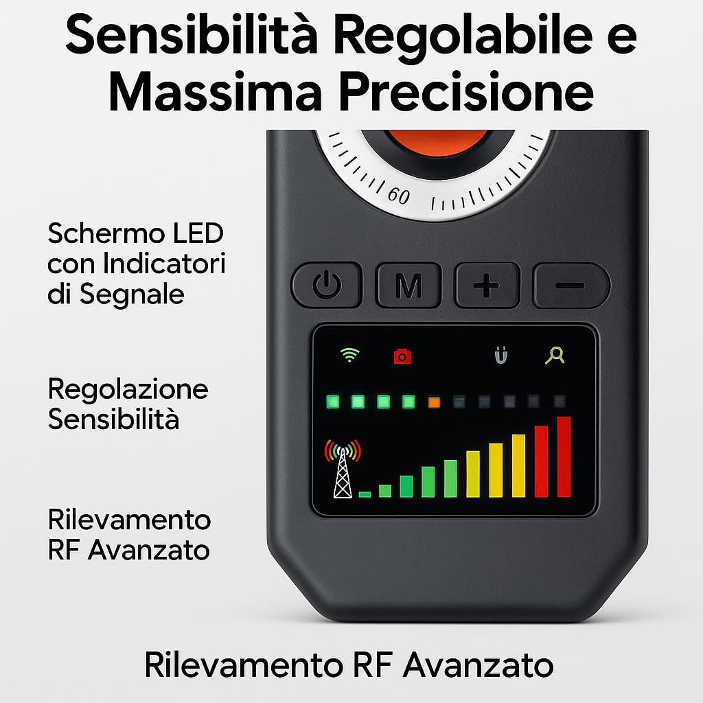 Rilevatore Professionale per Dispositivi Spia, Microfoni Nascosti, Telecamere e Localizzatori GPS – Portatile ad Alta Sensibilità per Individuare Segnali Wireless, Intercettatori GSM WIFI GPS (AK)