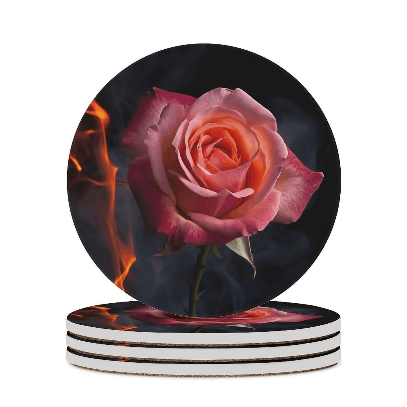 Khauerbc Style Rose4 Drink Coasters With Holder For Coffee Table,Ceramic Coaster With Cork Base,Ceramic Stone Coaster For Iced Cold Or Hot Drinks,4.1 Inches
