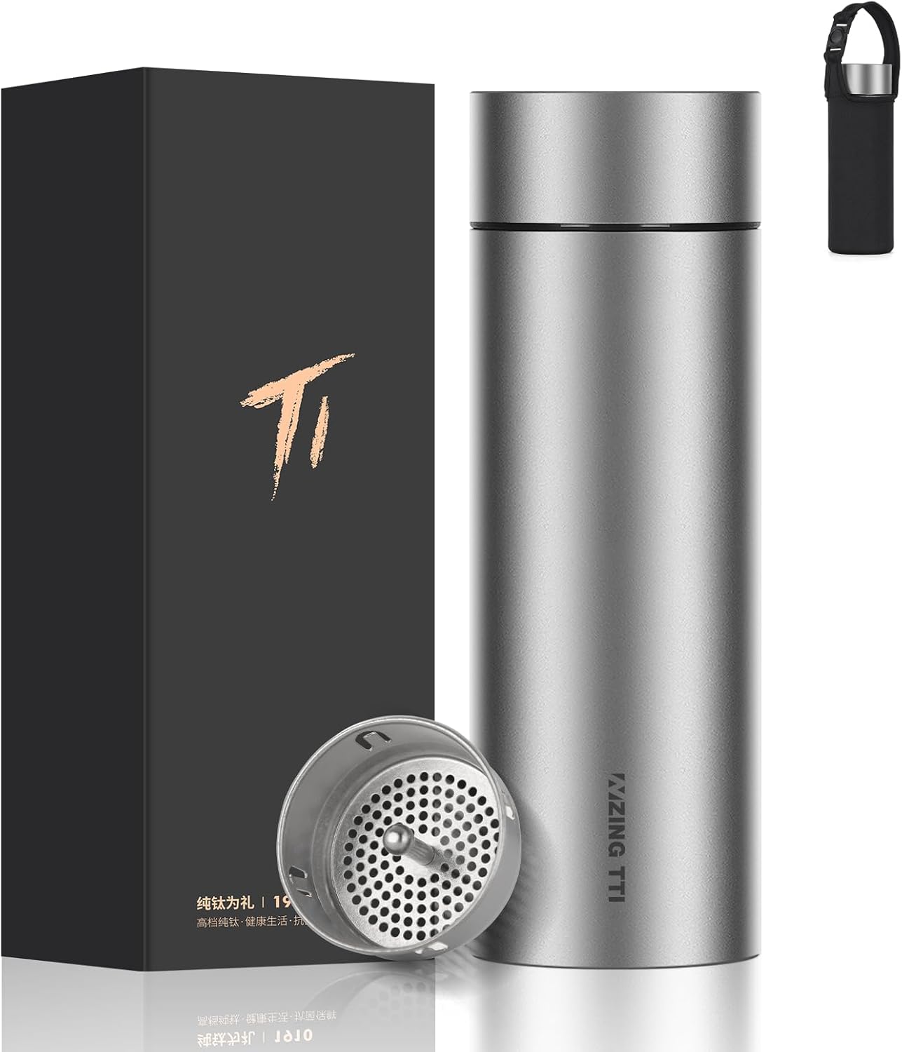 Pure Titanium Water Cup with Tea Infuser, Double Wall Vacuum Insulated 15oz Titanium Cup for Hot/Cold Drinks, Tea & Coffee, Metal Travel Mug with Gift Box