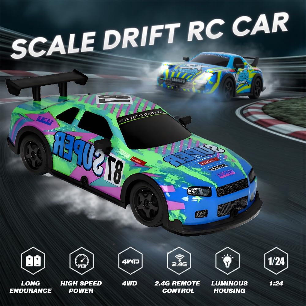 KBIBCK RC Drift Car 1:22, 2.4Ghz Remote Control Car with Cool Lights & Spare Tires, 30km/h High Speed 4WD Racing RC Drifting Cars, Rechargeable RCs Racing Cars for Adults Kids Drift and Race (Green) - Image 3