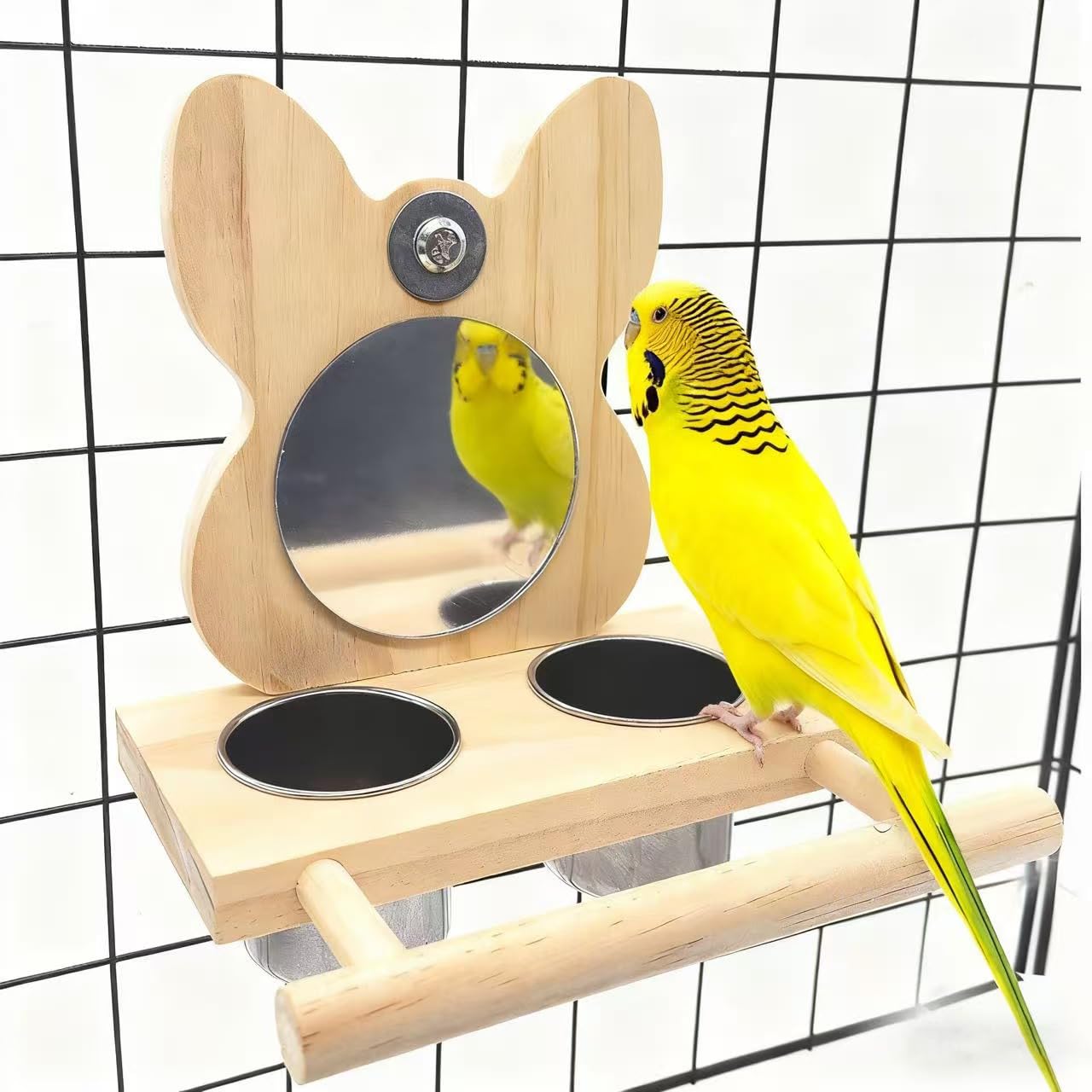 ZYYRSS Bird Mirror Parrot Perch with Mirror and Stainless Steel Feeding Cups for Parakeets Cage Swing Wooden Mirror Fun Play Toy for Birds Lovebird Conures Cockatiels