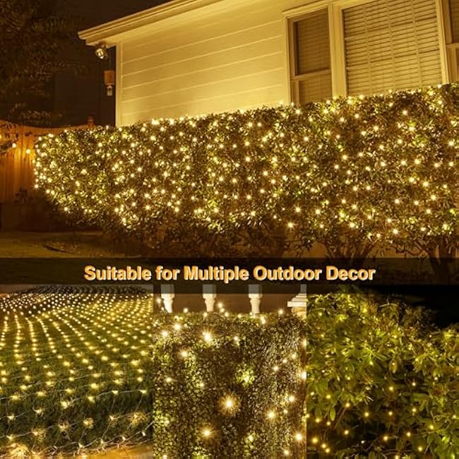 Solar Powered Net Lights 200 LED 9.8Ft x 6.6Ft Bush Light Dark Green Wire Auto On/Off 8 Modes Outdoor Mesh Lights for Bushes Shrubs Lawn Decor(Warm White)
