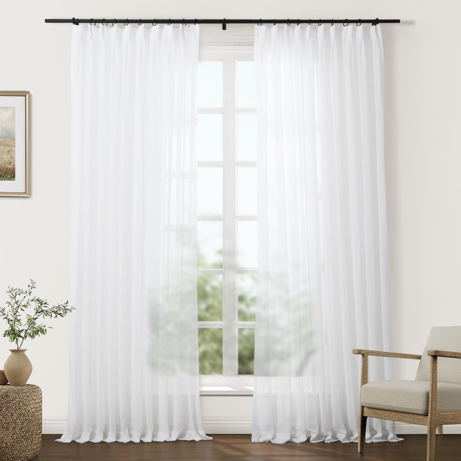 TWOPAGES White Pinch Pleat Sheer Curtains 84 Inches Long Linen Textured Drapes for Living Room Bedroom Faux Linen Curtains with Hooks, Set of 2, 26" W
