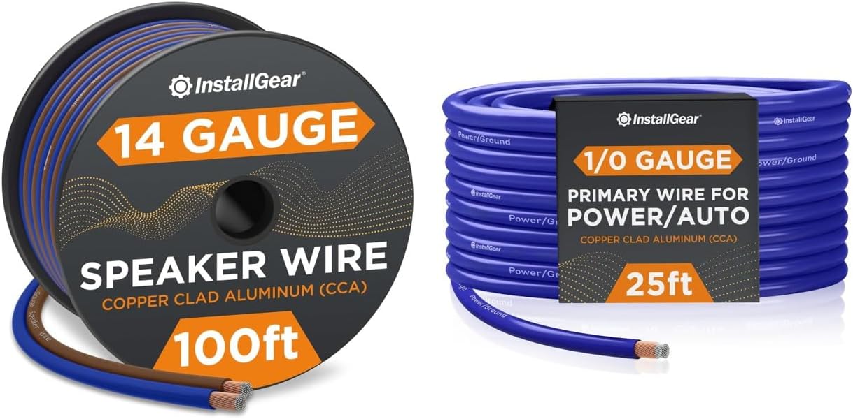 InstallGear 14 Gauge Speaker Wire 100 ft Cable, 14 AWG and 1/0 Gauge Wire (25ft - Blue) Copper Clad Aluminum CCA